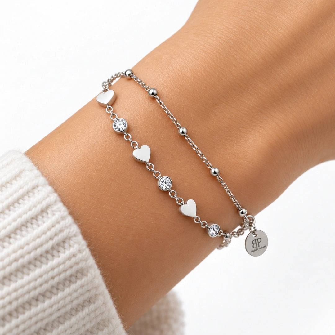 Bracciale NÉA Doppia Catena Cuori e Cristalli in Acciaio 316L