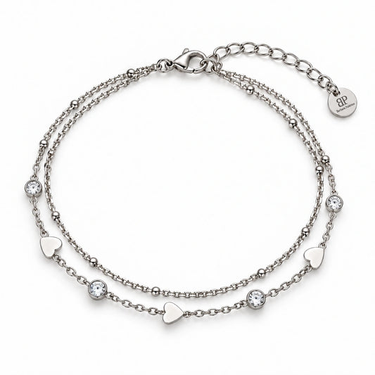 Bracciale NÉA Doppia Catena Cuori e Cristalli in Acciaio 316L