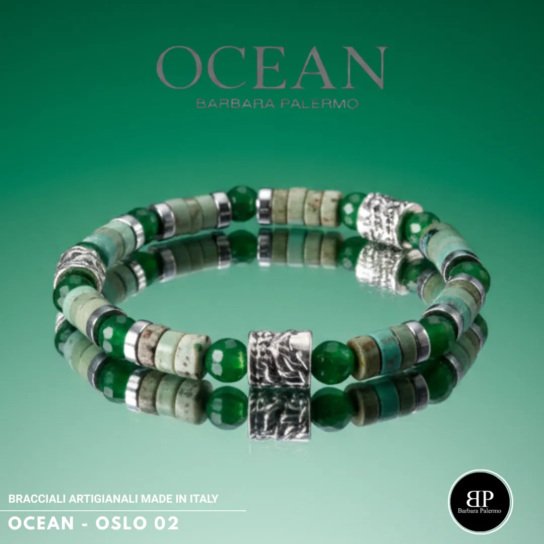 Bracciale Oslo 02 – Giada Verde, Howlite ed Ematite Argento