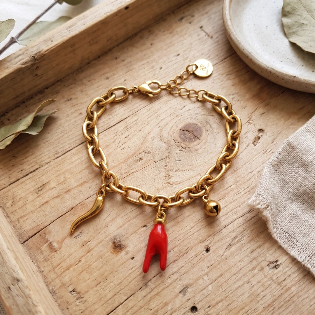 Bracciale Luma Portafortuna con Mano, Cornetto e Campanellino