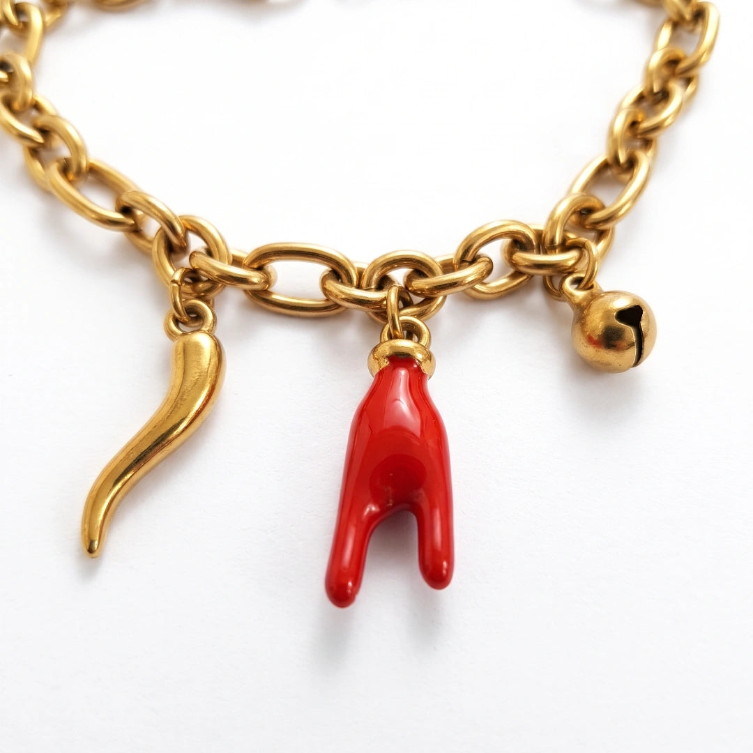 Bracciale Luma Portafortuna con Mano, Cornetto e Campanellino