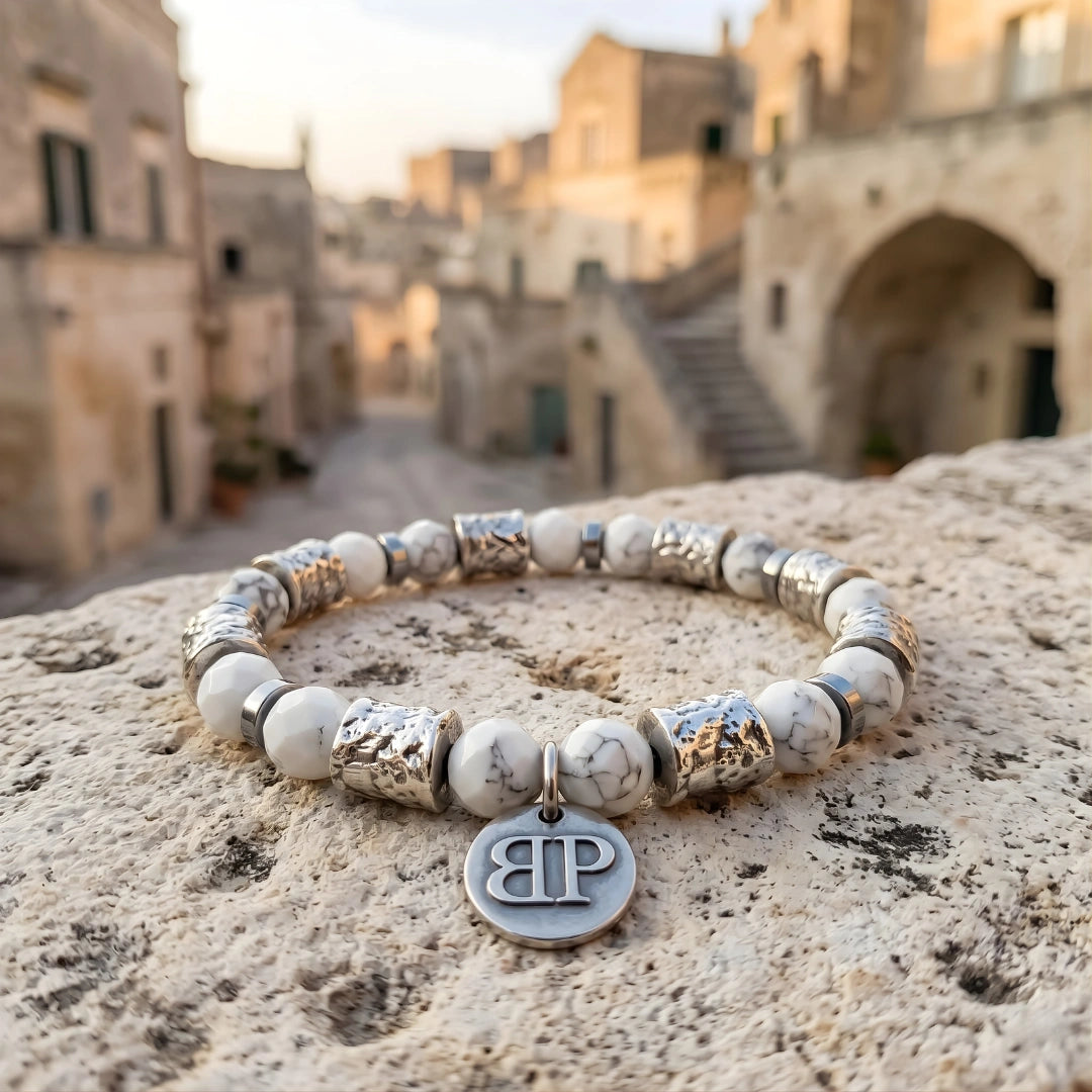 Bracciale Ocean Matera Howlite Sfaccettata Sculture Placcate Argento