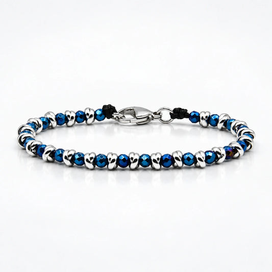 Glänzendes blaues nautisches Armband aus geflochtenem Stahl und Hämatit