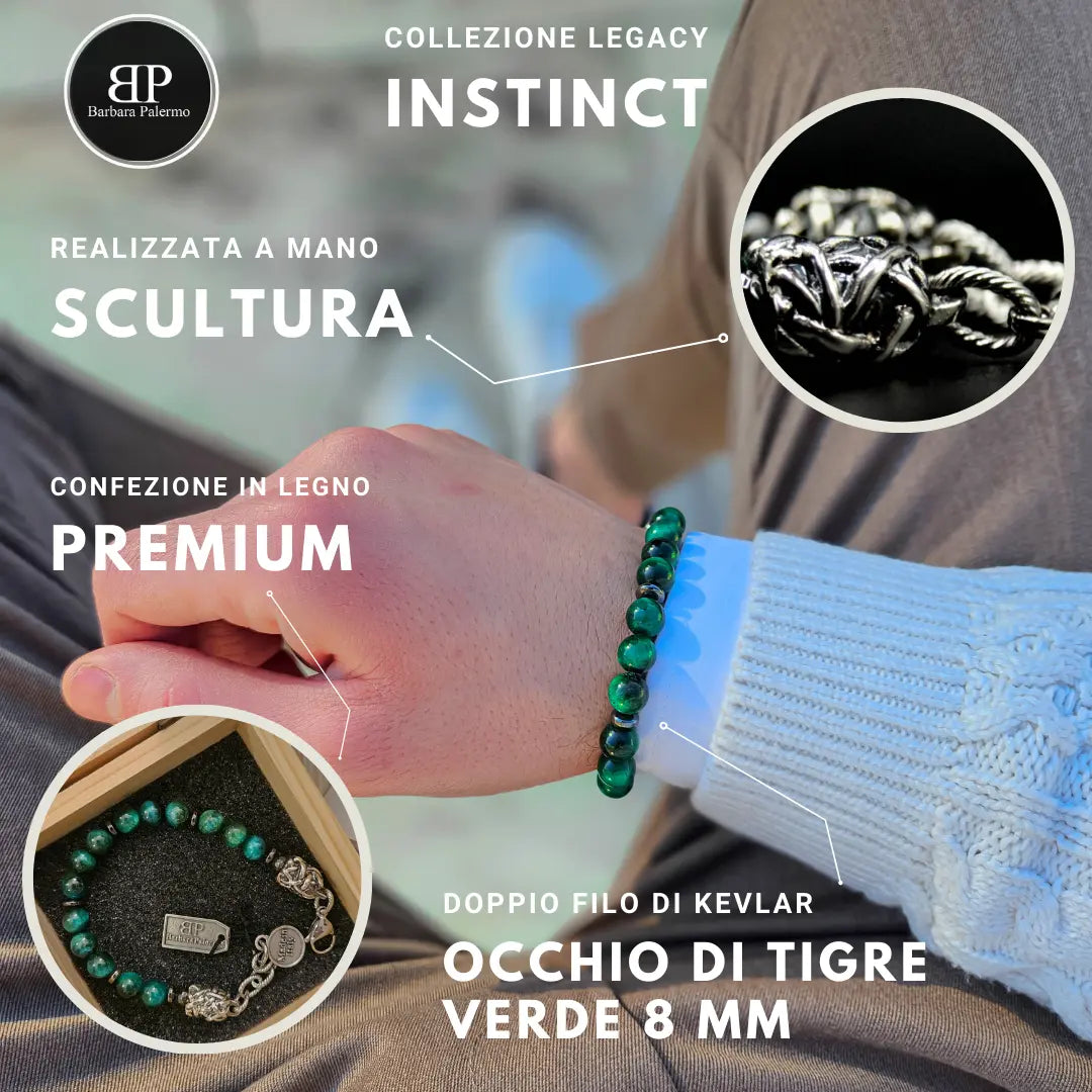 Instinkt-Armband – grünes und silbernes Tigerauge