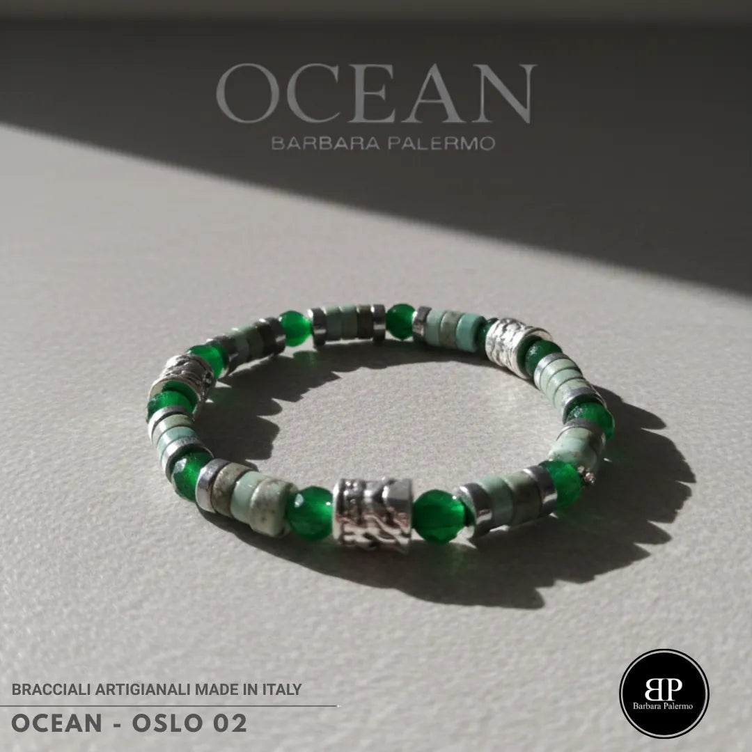 Bracciale Oslo 02 – Giada Verde, Howlite ed Ematite Argento
