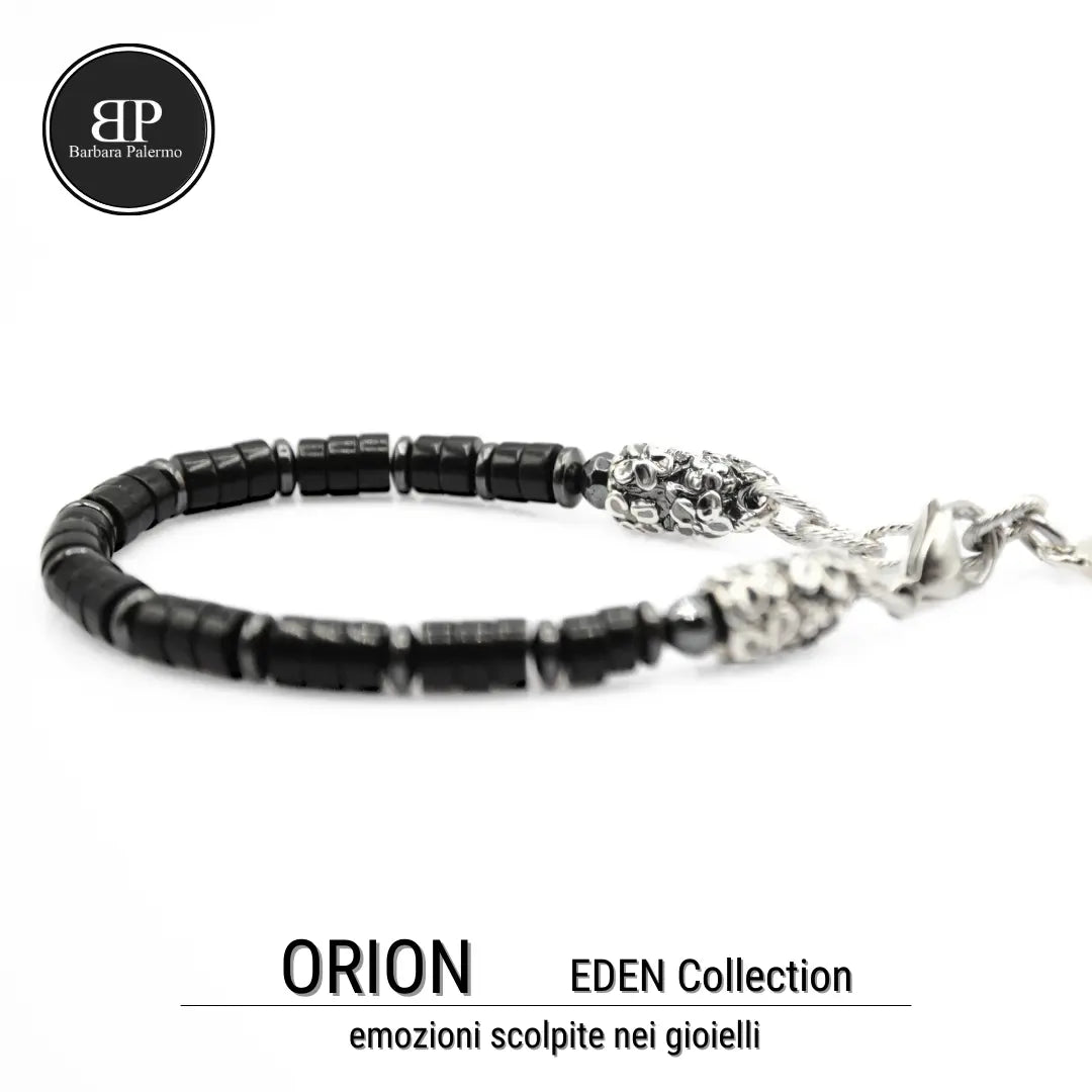 Bracciale Orion: Riflessi Stellari l'Eleganza dell'Onice nera e dell'Ematite