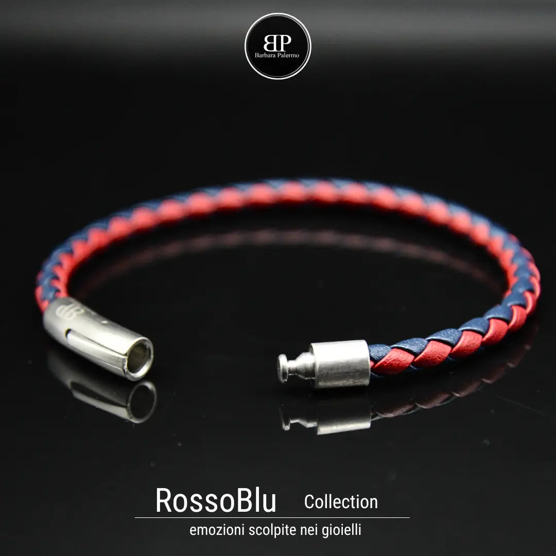 Bracciale in Pelle Intrecciata Rosso e Blu con Chiusura in Acciaio