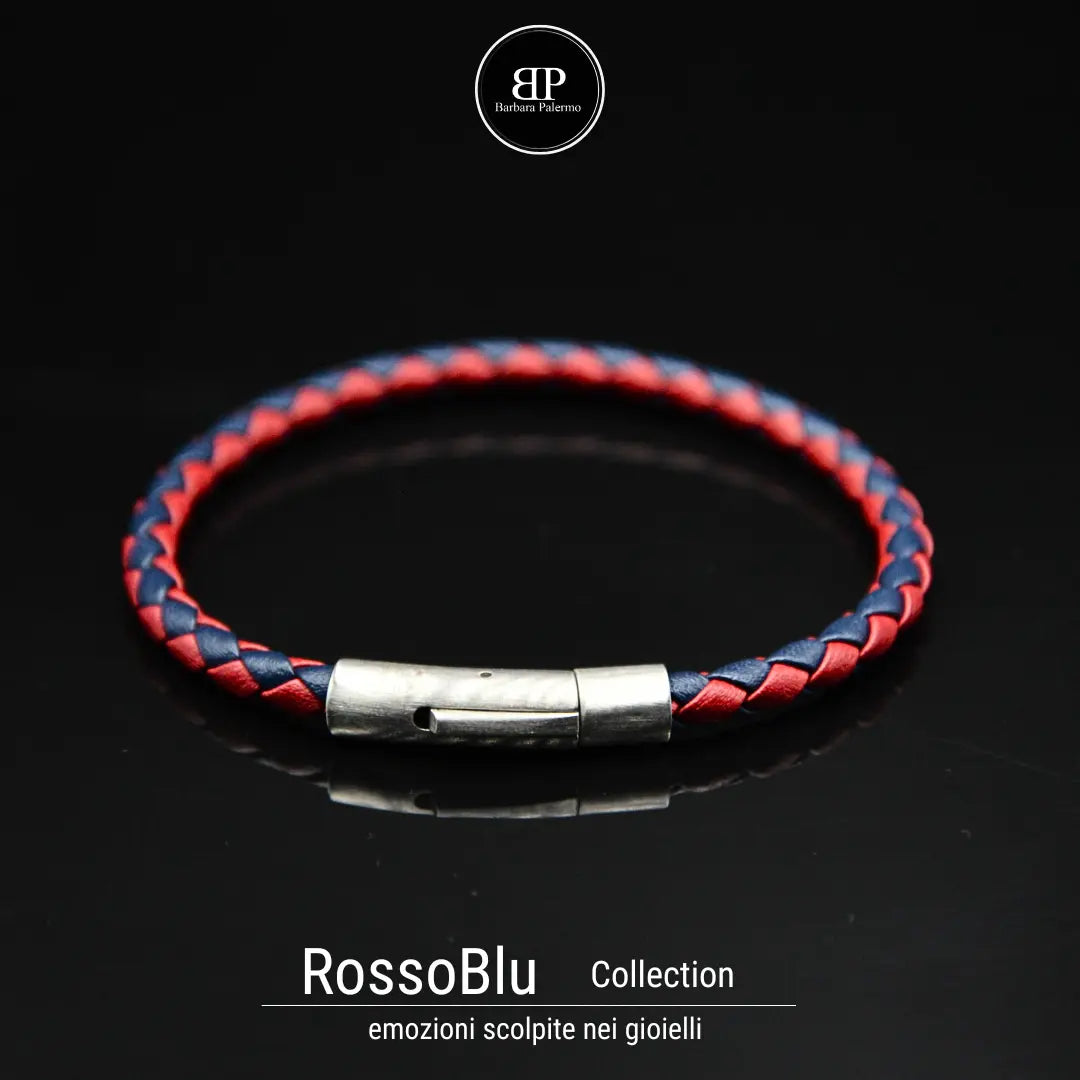 Bracciale in Pelle Intrecciata Rosso e Blu con Chiusura in Acciaio