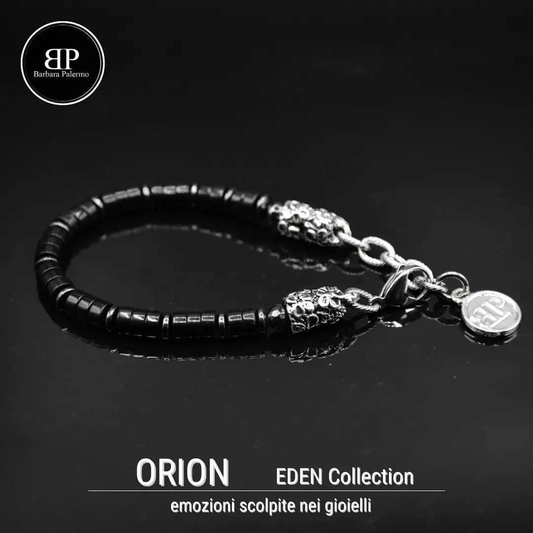 Bracciale Orion: Riflessi Stellari l'Eleganza dell'Onice nera e dell'Ematite