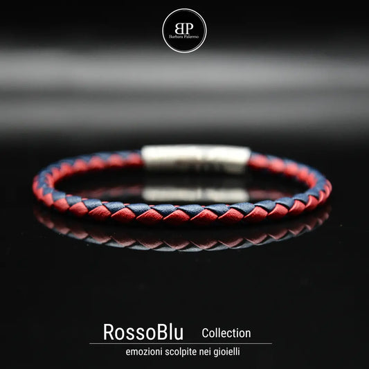 Bracciale in Pelle Intrecciata Rosso e Blu con Chiusura in Acciaio