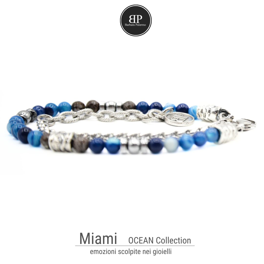 Doppelt gedrehtes Armband Obsidian Blauer Achat Hämatit Silber Miami