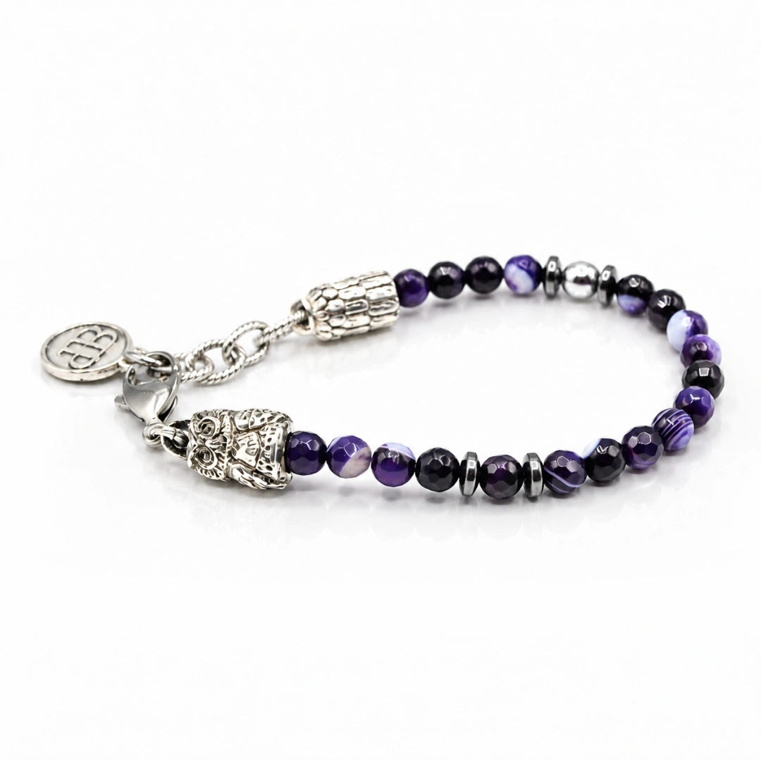 Ecstasy-Armband – facettierter violetter Achat und silberne Eule