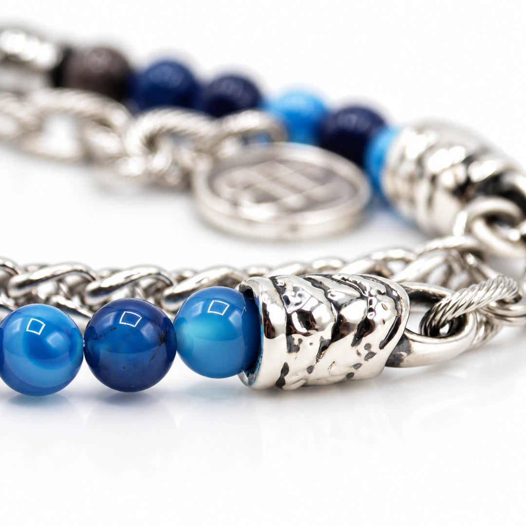 Bracciale Ocean doppio giro Ossidiana Agata blu Ematite Argento Miami