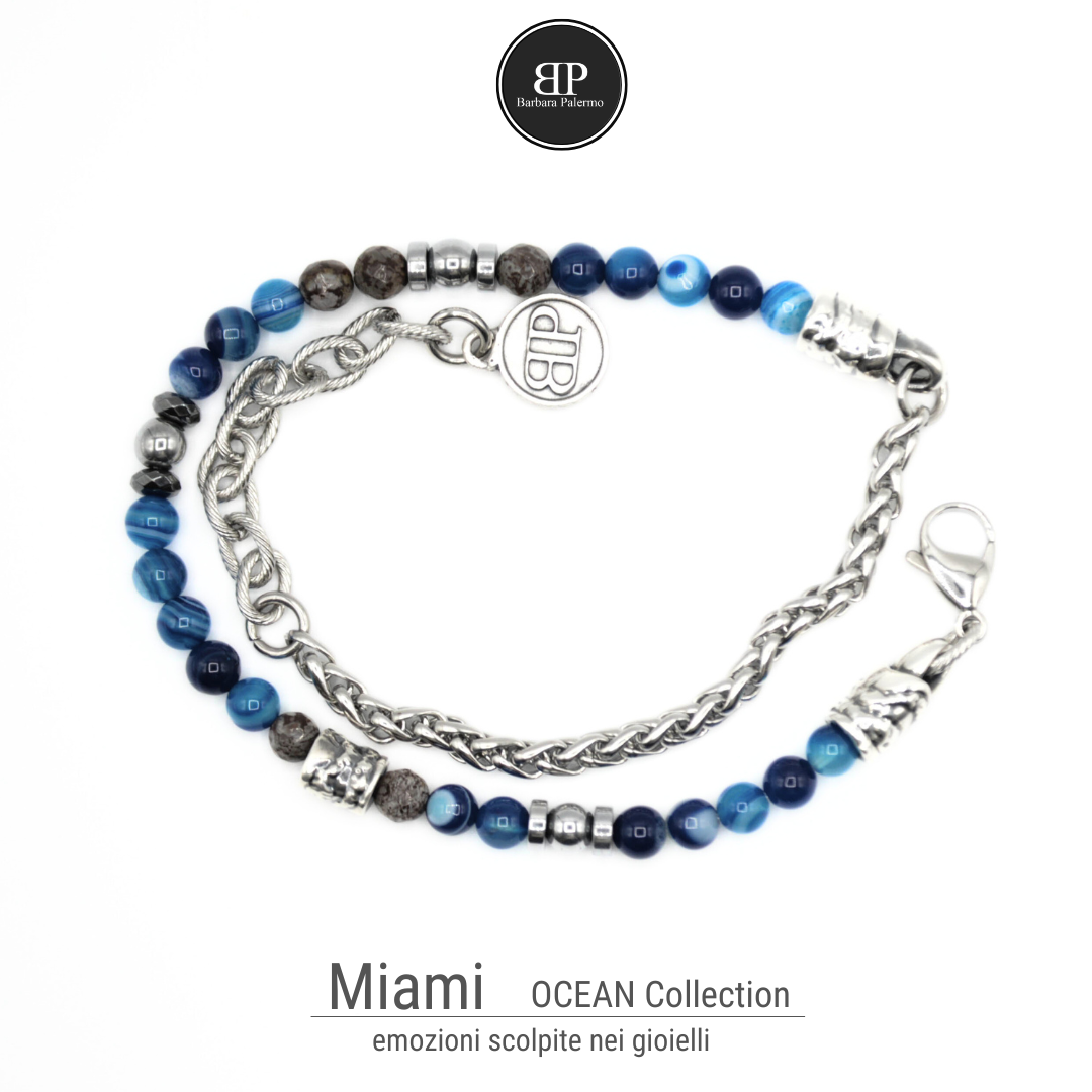 Doppelt gedrehtes Armband Obsidian Blauer Achat Hämatit Silber Miami