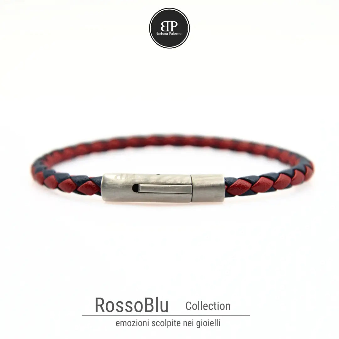 Bracciale in Pelle Intrecciata Rosso e Blu con Chiusura in Acciaio