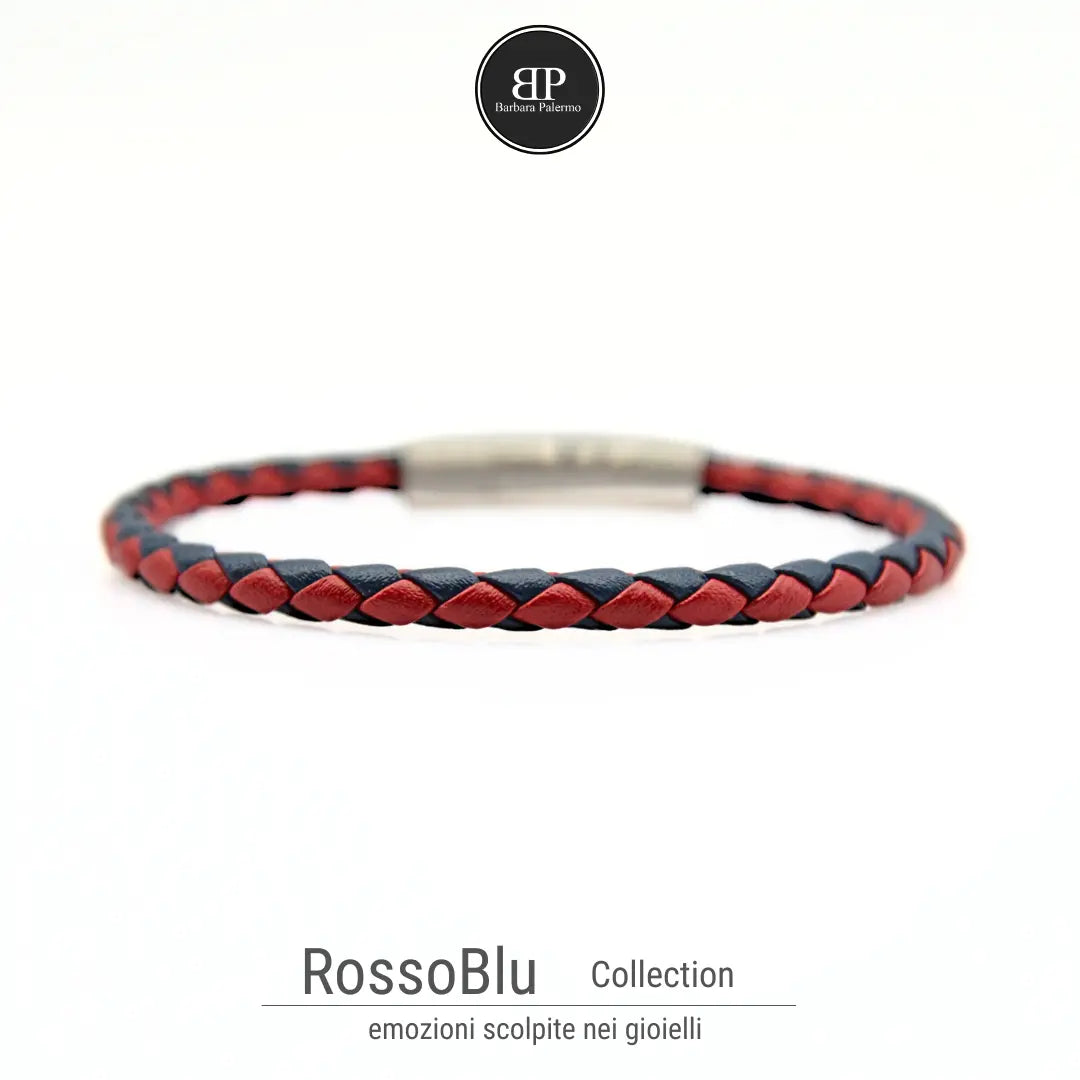 Bracciale in Pelle Intrecciata Rosso e Blu con Chiusura in Acciaio