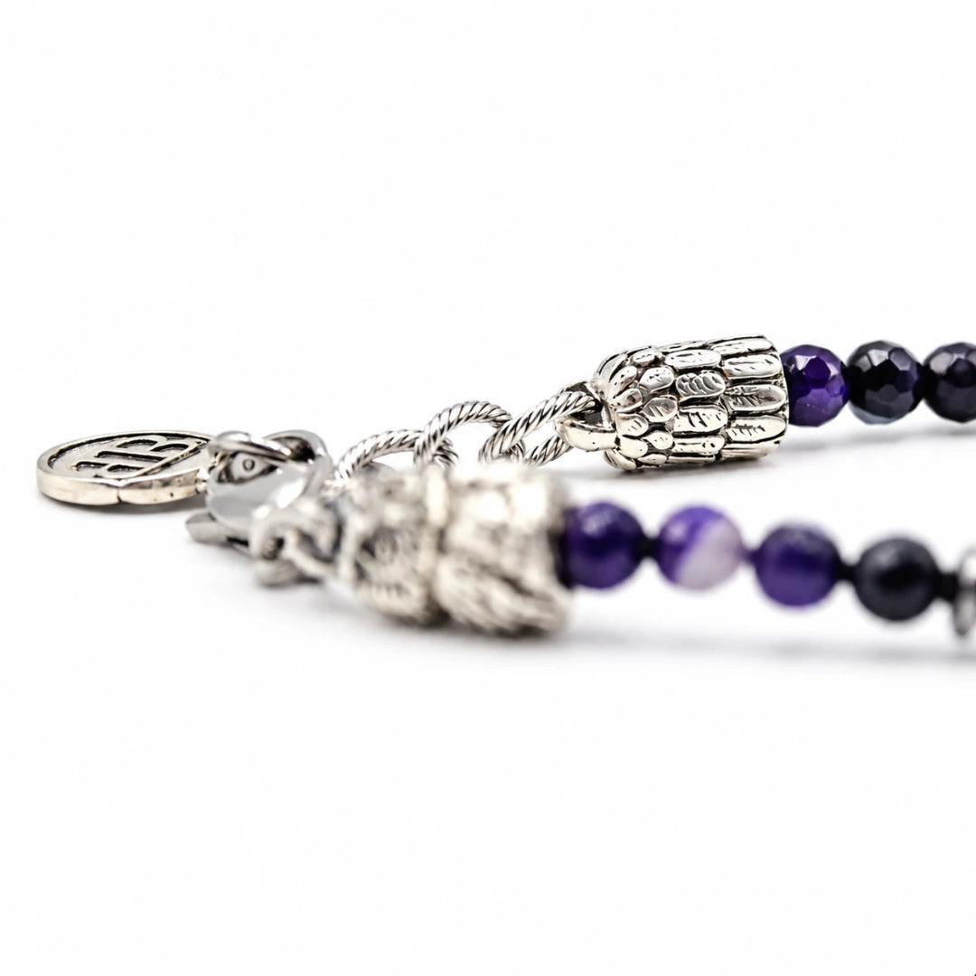 Ecstasy-Armband – facettierter violetter Achat und silberne Eule