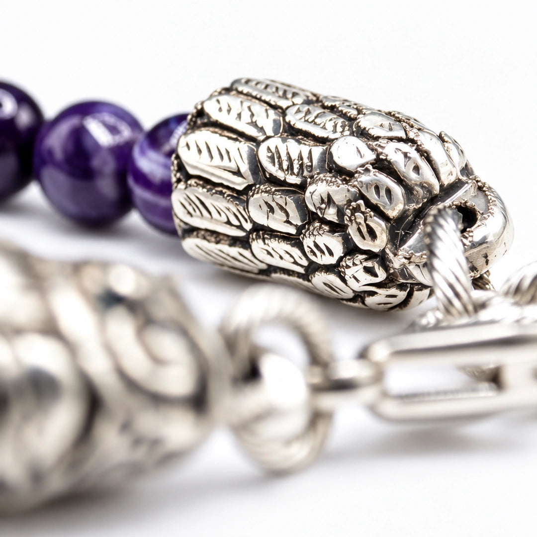 Ecstasy-Armband – facettierter violetter Achat und silberne Eule