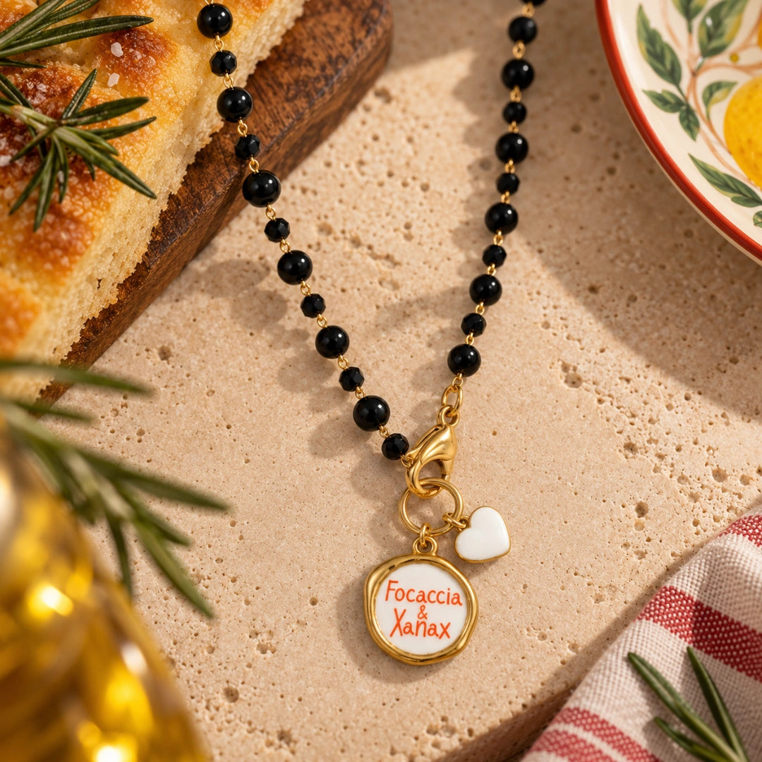 Collana Favola Focaccia e Xanax con Cristalli Neri Oro