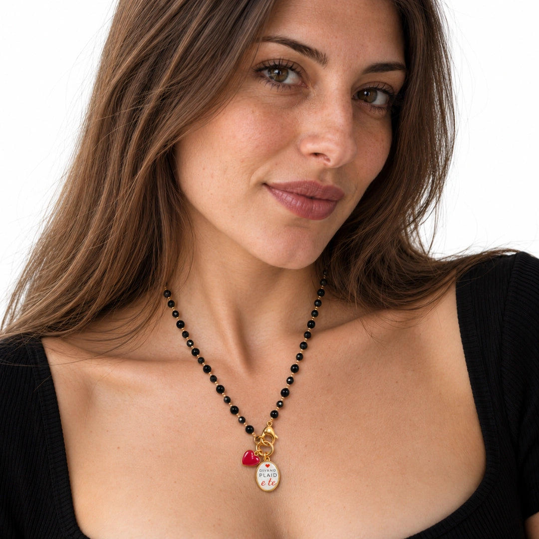 Collana Favola Divano Plaid e Te con Cristalli Neri Oro