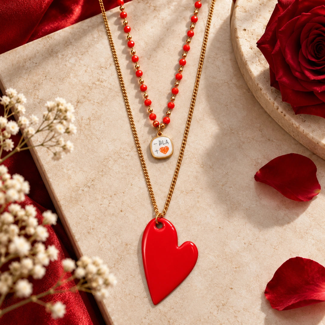 Collana Favola Doppia Cuore Rosso con Cristalli Rossi Oro