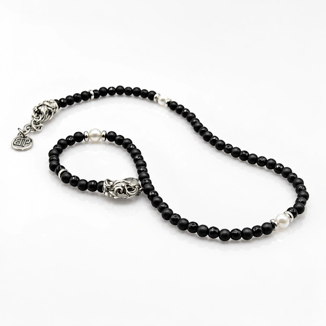 Rococò Noir Elegance – Collana Artigianale con Onice e Perla