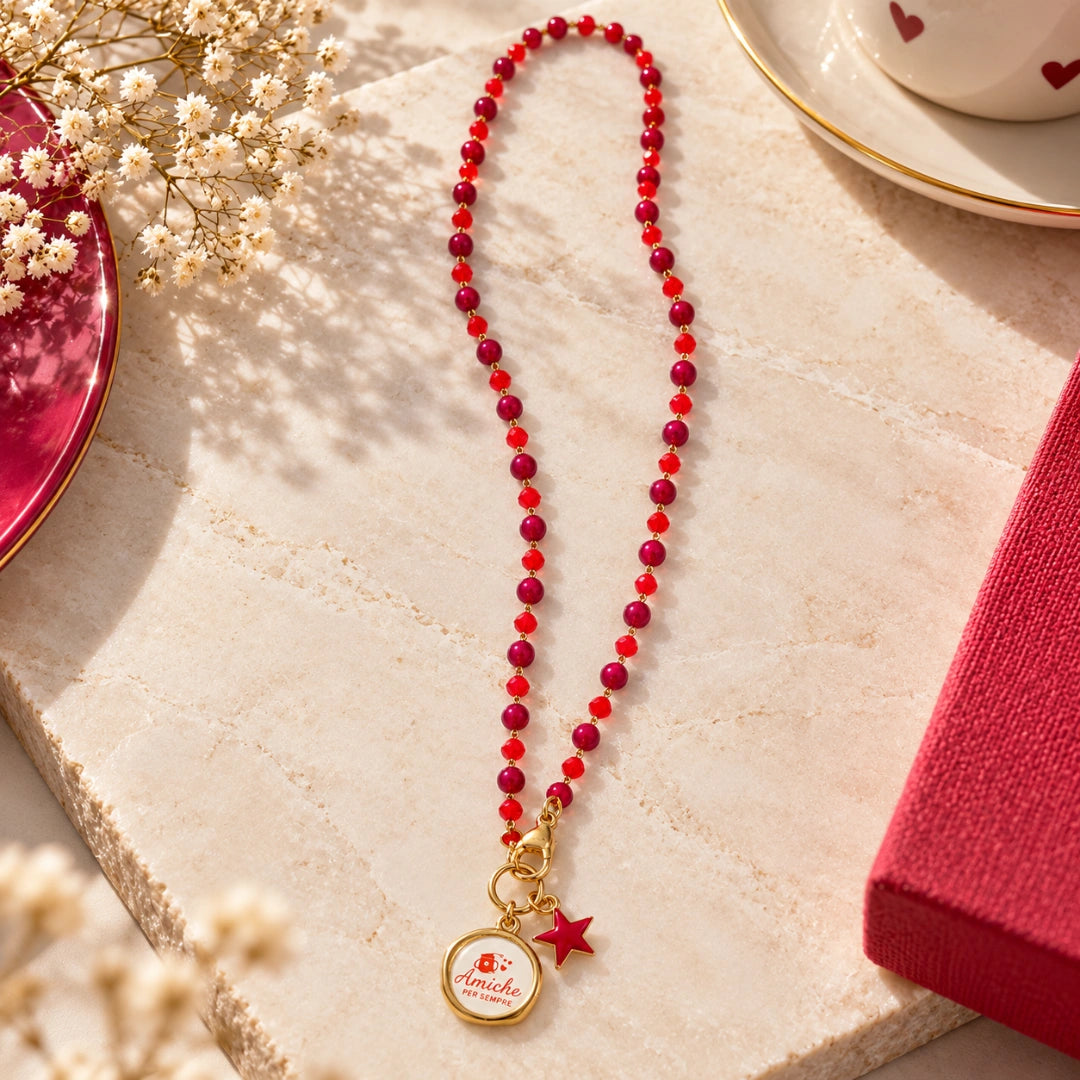 Collana Favola Amiche per Sempre con Cristalli Bordeaux e Rossi Oro