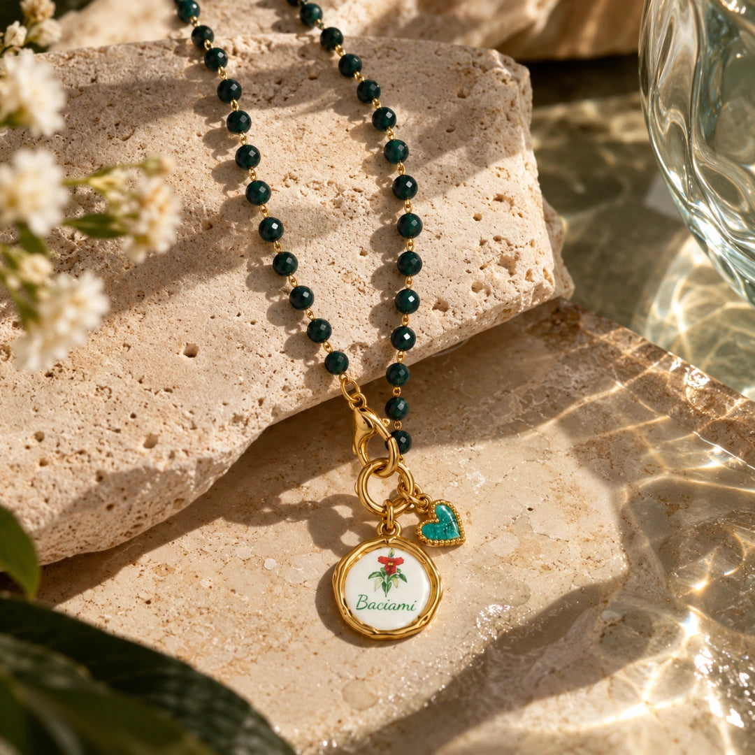 Collana Favola Baciami con Cristalli Verdi Oro