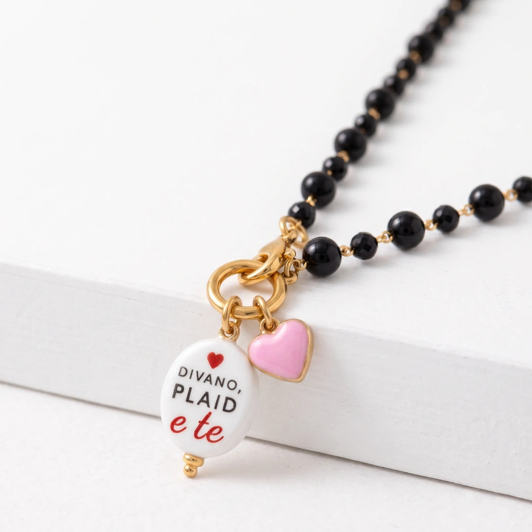 Collana Favola Divano Plaid e Te con Cristalli Neri Oro