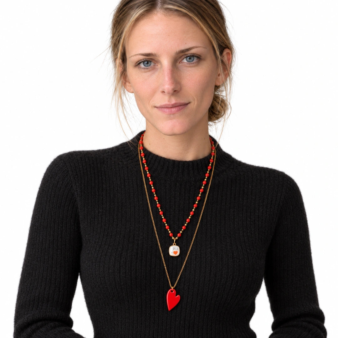 Collana Favola Doppia Cuore Rosso con Cristalli Rossi Oro