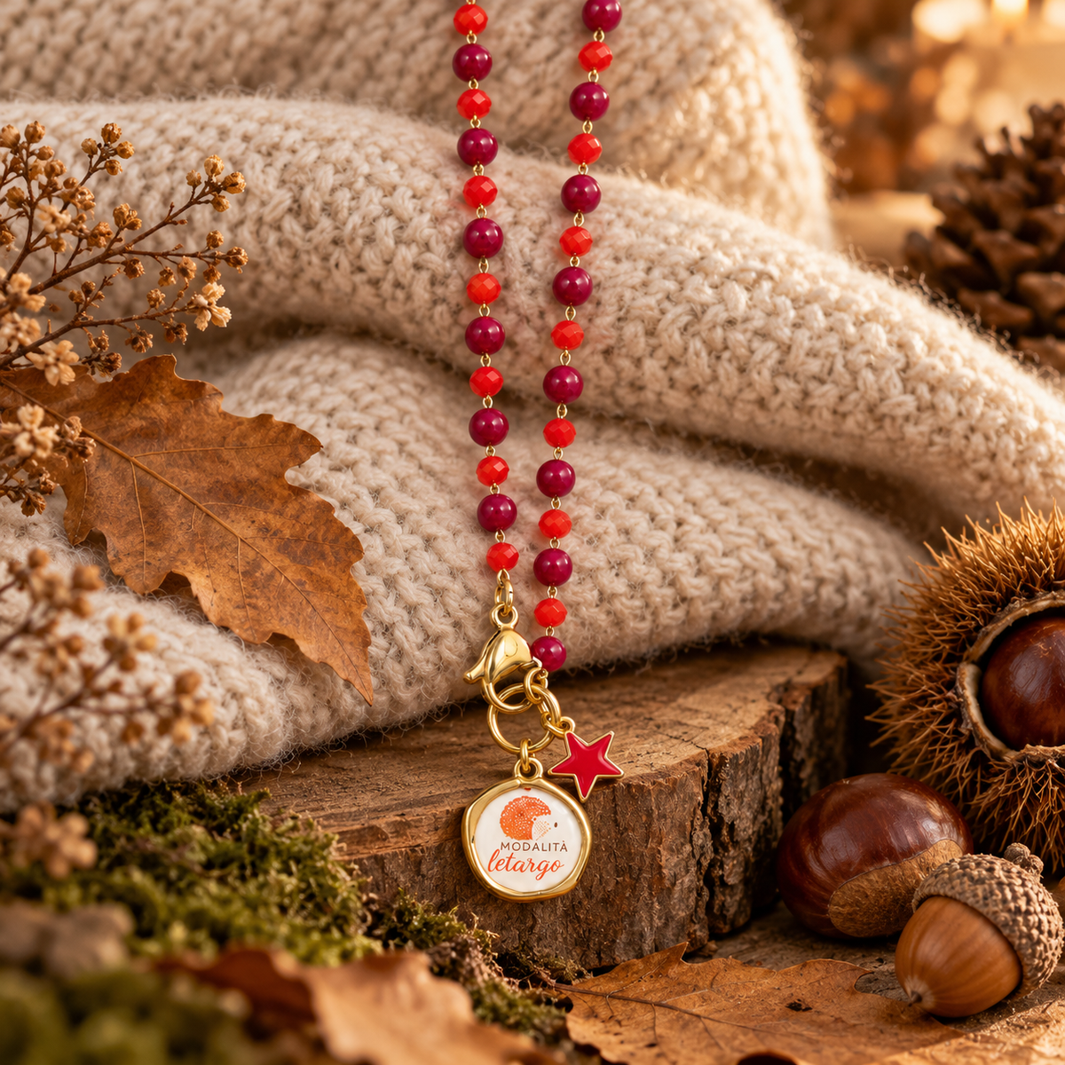 Collana Favola Modalità Letargo con Cristalli Bordeaux e Rossi Oro