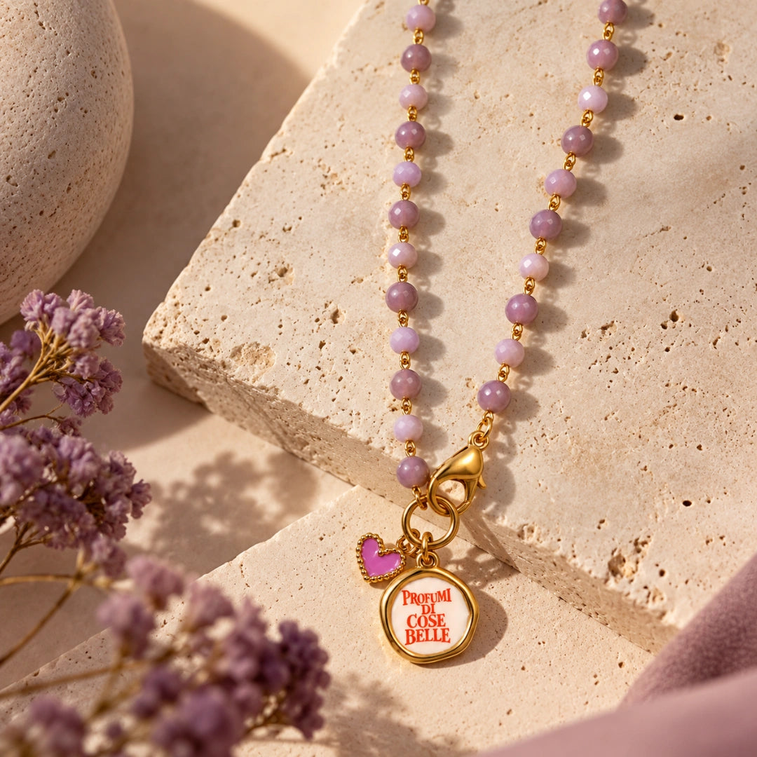 Collana Favola Profumi di Cose Belle con Cristalli Malva e Rosa Oro