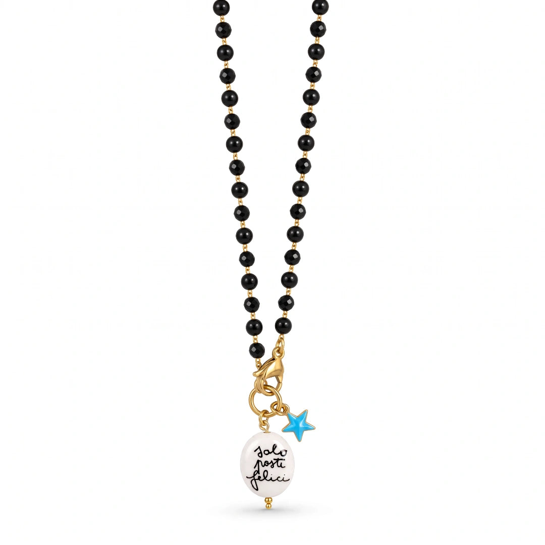 Collana Favola Solo Posti Felici con Cristalli Neri Oro