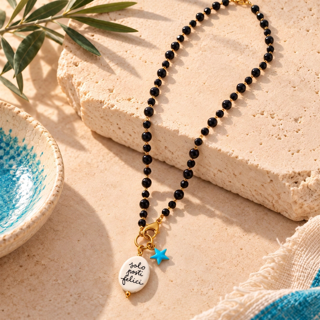 Collana Favola Solo Posti Felici con Cristalli Neri Oro