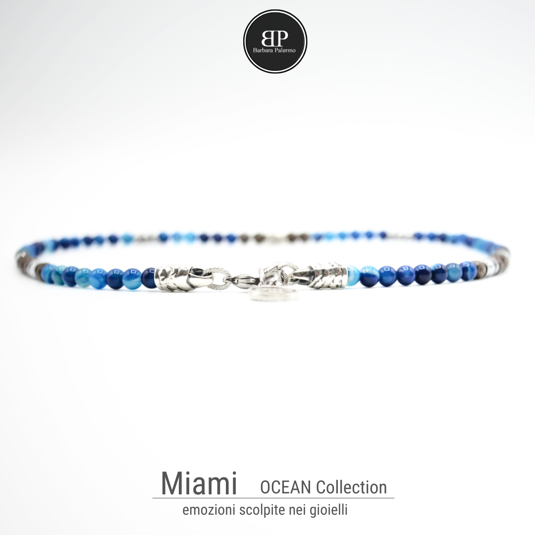 Miami: collana con pietre agata blu-Ossidiana