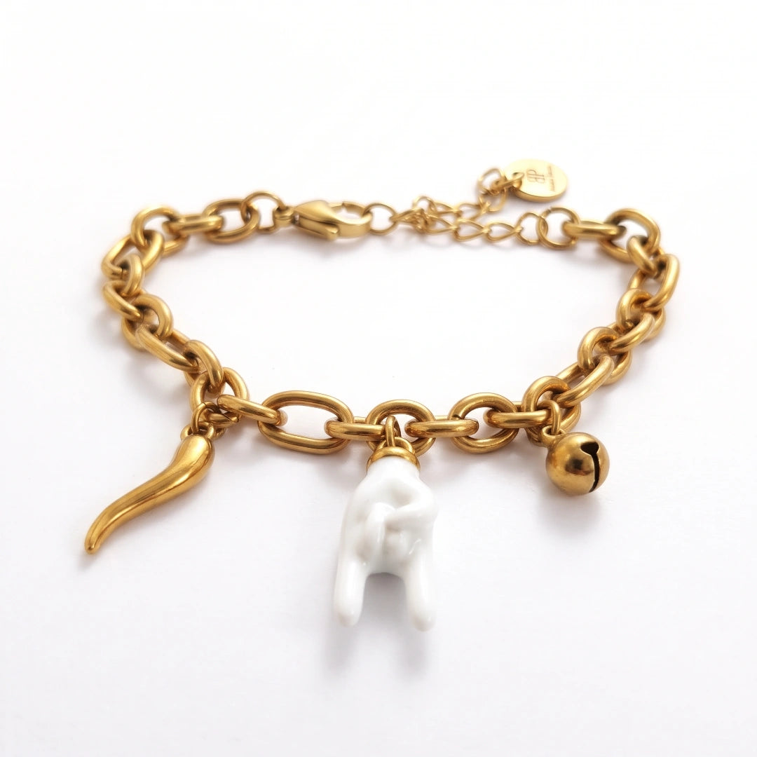 Bracciale Luma Portafortuna con Mano bianca, Cornetto e Campanellino
