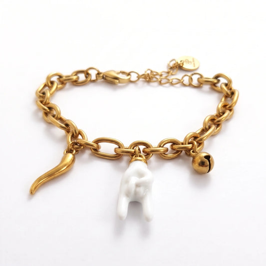 Bracciale Luma Portafortuna con Mano bianca, Cornetto e Campanellino