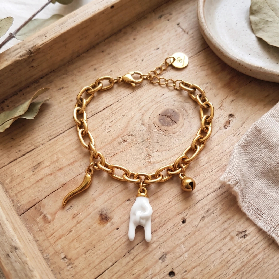 Bracciale Luma Portafortuna con Mano bianca, Cornetto e Campanellino