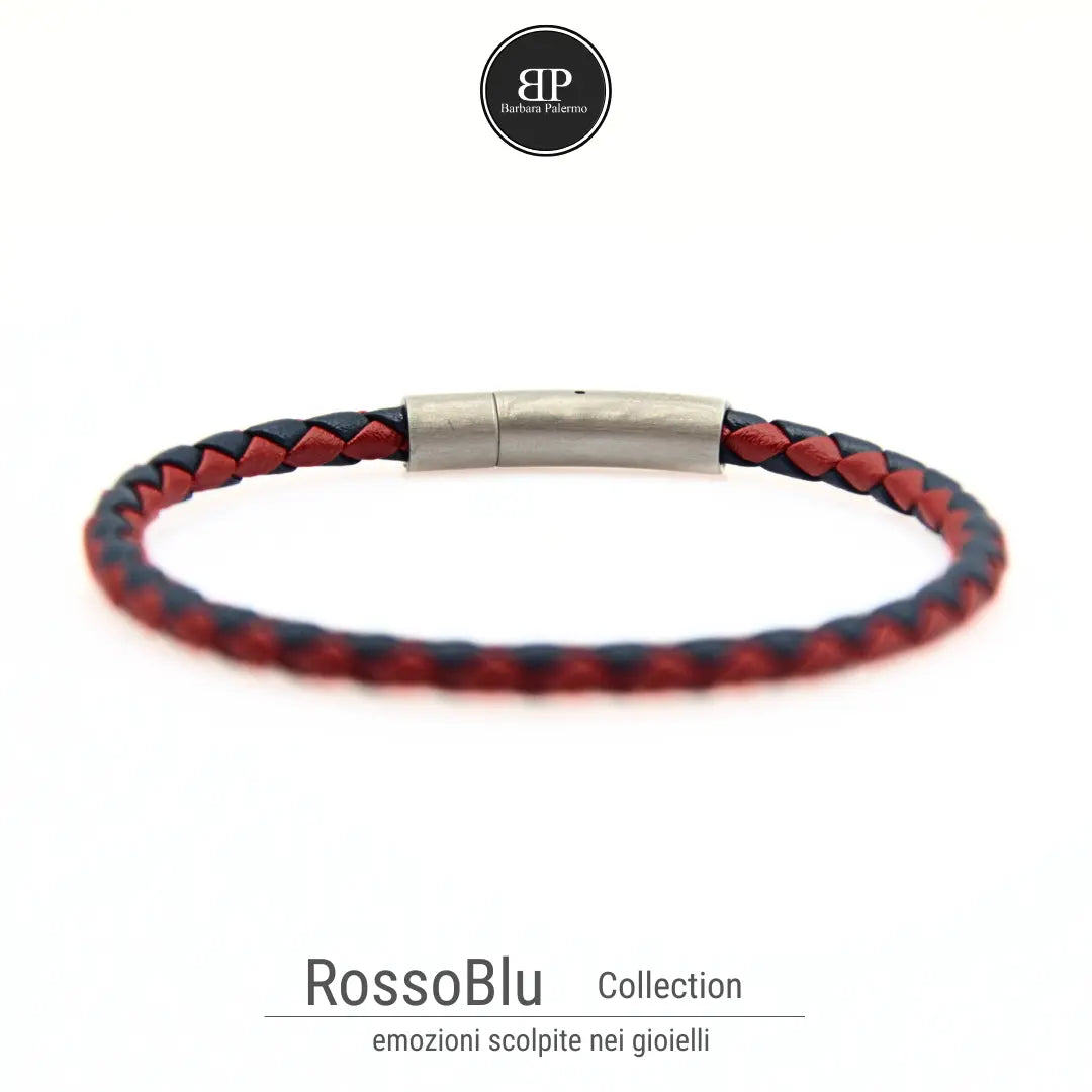 Bracciale in Pelle Intrecciata Rosso e Blu con Chiusura in Acciaio