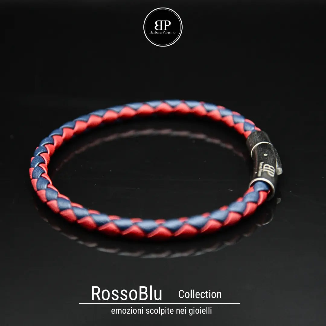 Bracciale in Pelle Intrecciata Rosso e Blu con Chiusura in Acciaio