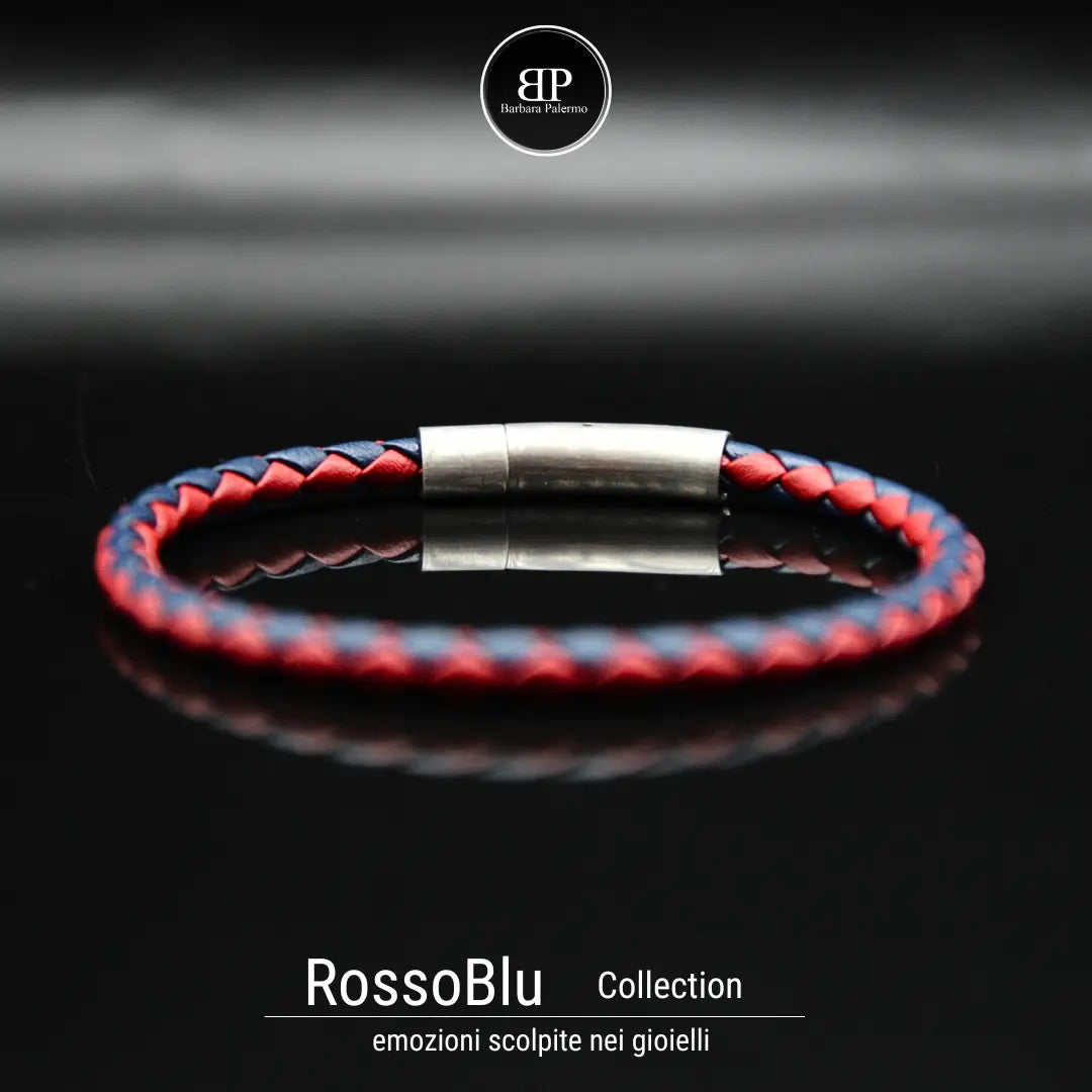 Bracciale in Pelle Intrecciata Rosso e Blu con Chiusura in Acciaio