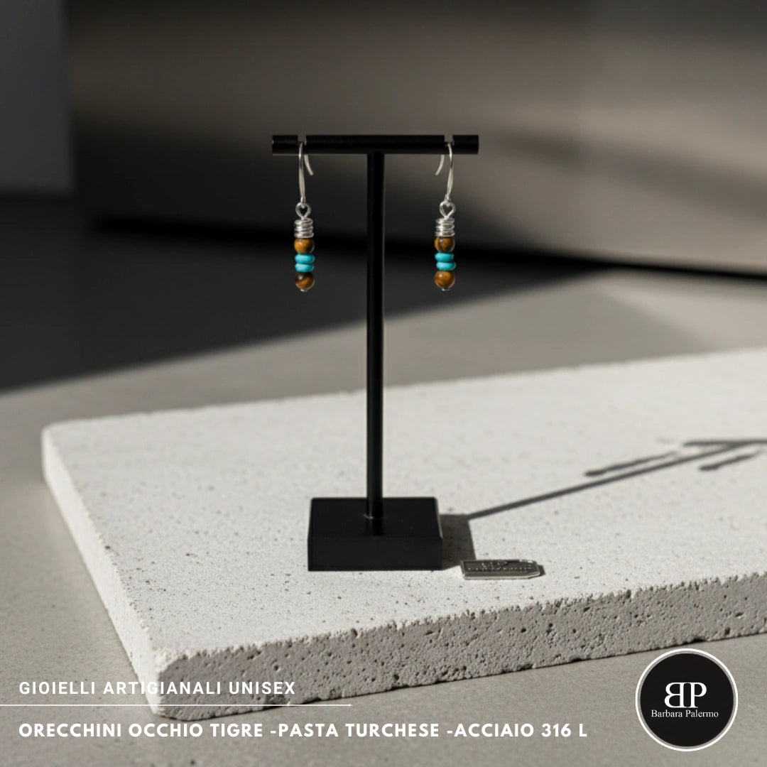 Orecchini Occhio di Tigre e Pasta Turchese – Acciaio 316L