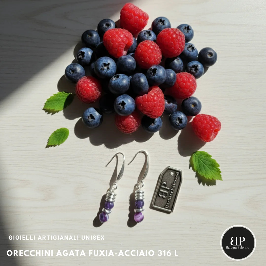 Orecchini Agata Fuxia Sfaccettata e Acciaio 316L