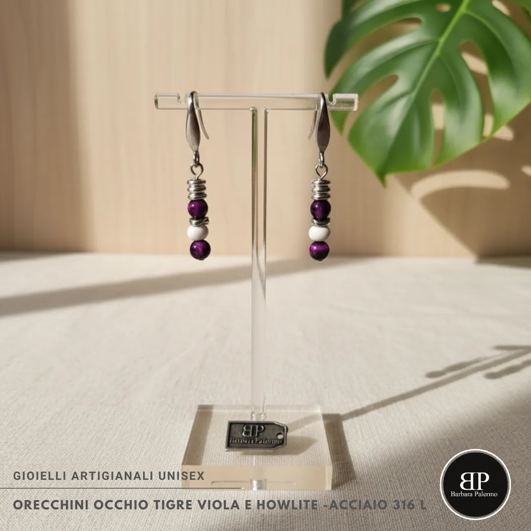 Orecchini Occhio di Tigre Viola & Howlite – Acciaio 316L