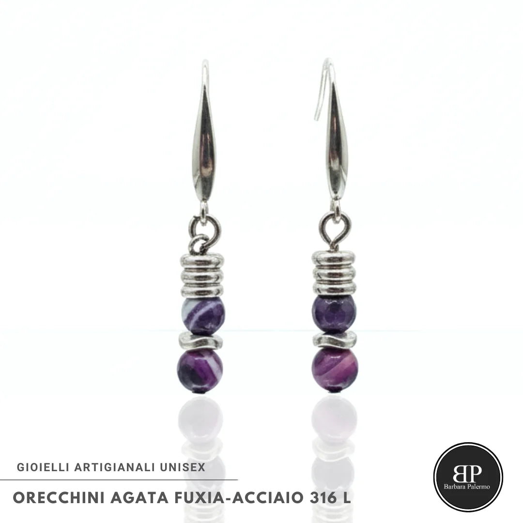 Orecchini Agata Fuxia Sfaccettata e Acciaio 316L