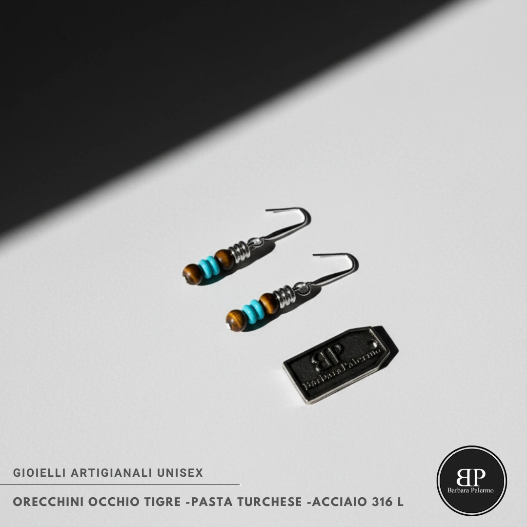 Orecchini Occhio di Tigre e Pasta Turchese – Acciaio 316L