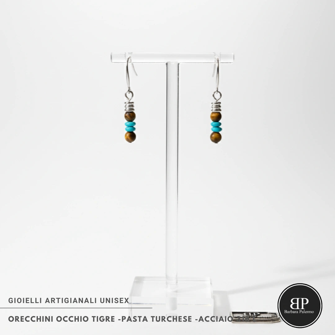 Orecchini Occhio di Tigre e Pasta Turchese – Acciaio 316L
