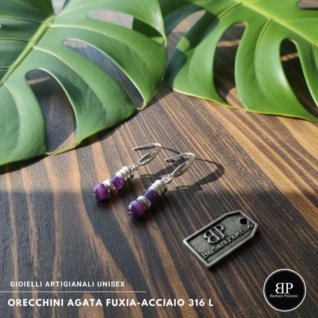 Orecchini Agata Fuxia Sfaccettata e Acciaio 316L