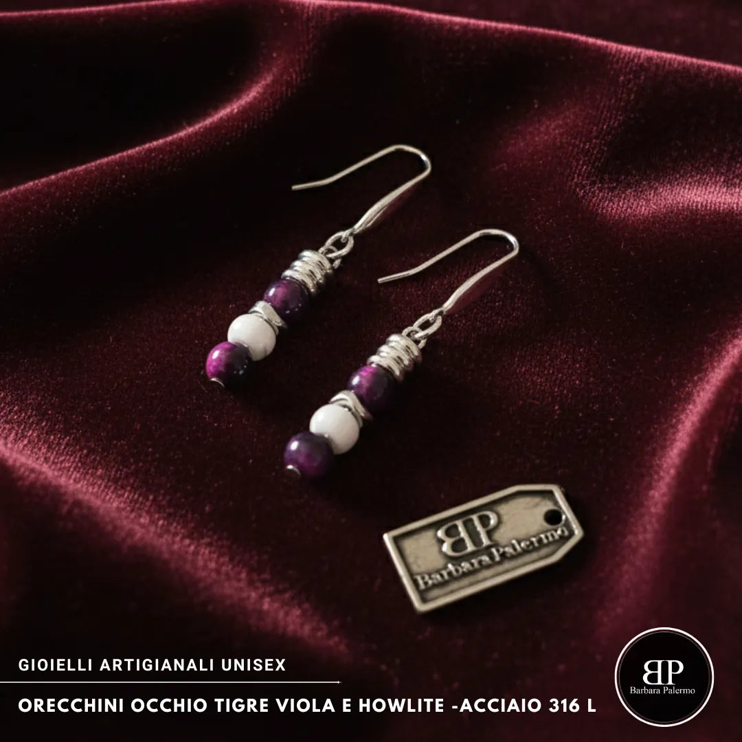Orecchini Occhio di Tigre Viola & Howlite – Acciaio 316L
