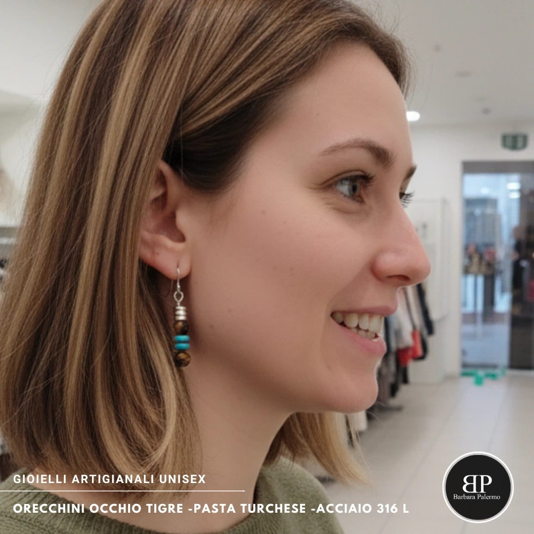 Orecchini Occhio di Tigre e Pasta Turchese – Acciaio 316L